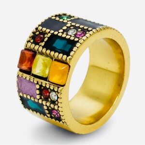 Gold Plated Inlay Multi Color Natural Stone and Crystal set in Black Enamel SZ 9